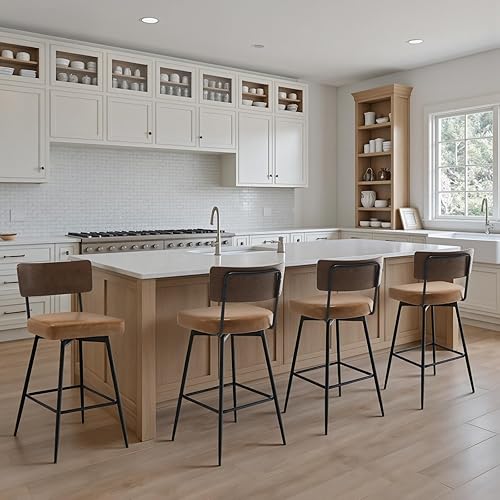 Miniatura 16 de Juego de 2 taburetes de bar giratorios de 26 pulgadas de altura de mostrador con respaldo de madera, taburetes de bar tapizados de piel sintética