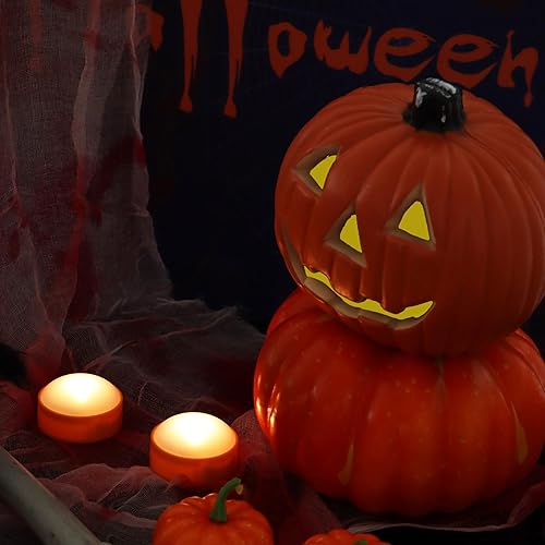 Miniatura 5 de Paquete de 2 luces LED de calabaza de Halloween con control remoto y temporizador, color naranja, parpadeante, funciona con pilas, velas eléctricas