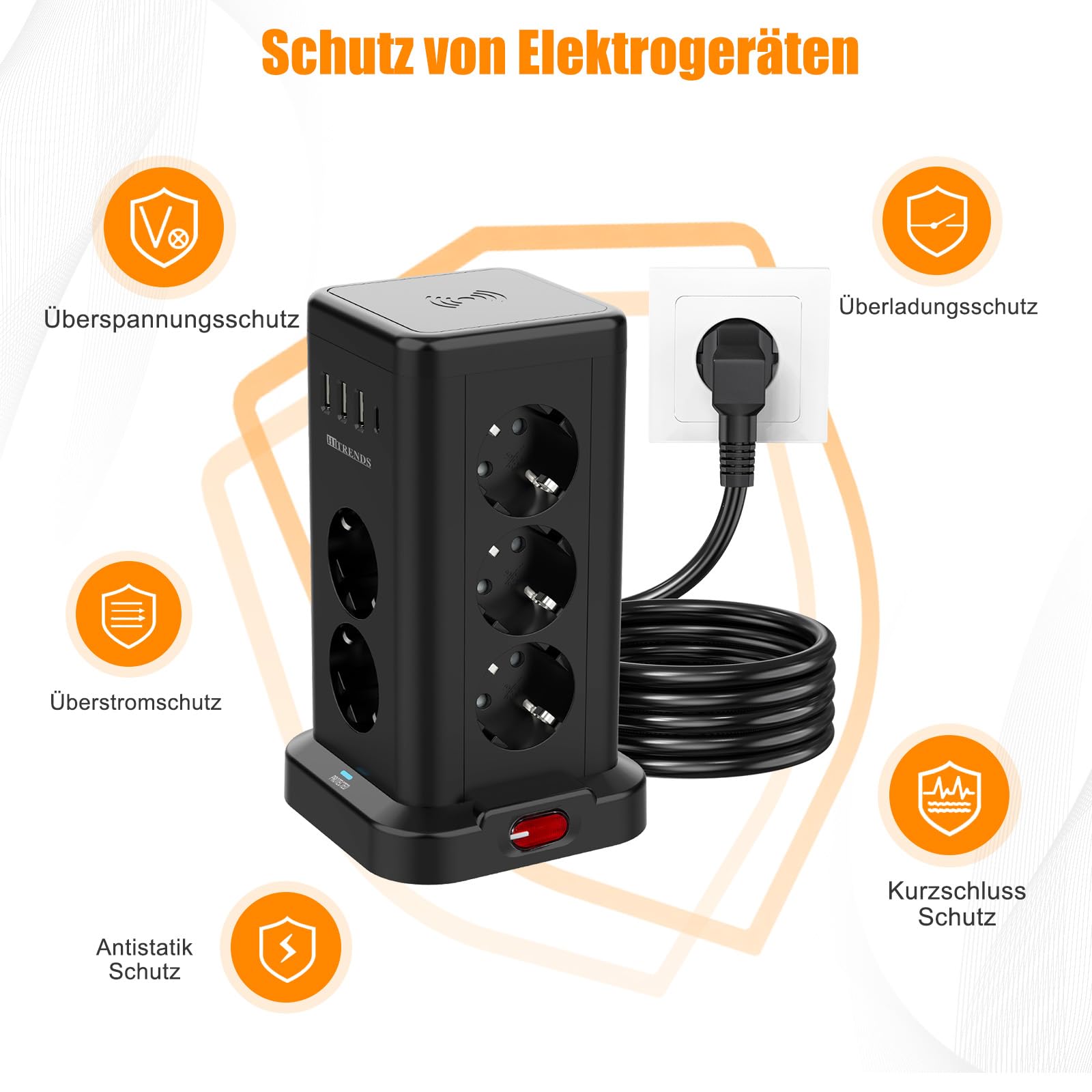 Listwa zasilająca, listwa zasilająca USB, wtyczka Schuko, czarna