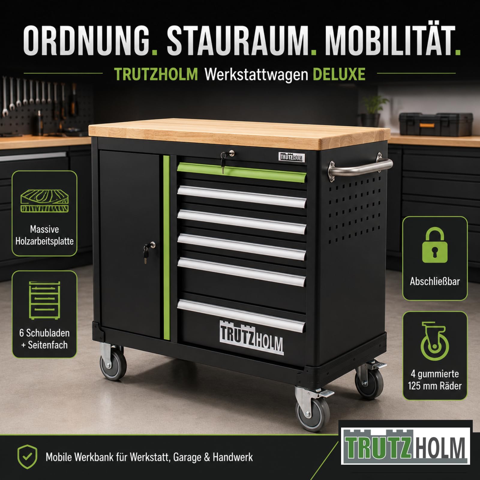 TRUTZHOLM Werkzeugwagen leer Deluxe, Werkstattwagen mit 6 Schubladen & Türfach, abschließbarer Werkzeugschrank rollbar mit Massivholz-Arbeitsplatte, fahrbare Werkbank 108 x 46,5 x 77 cm, grün/schwarz