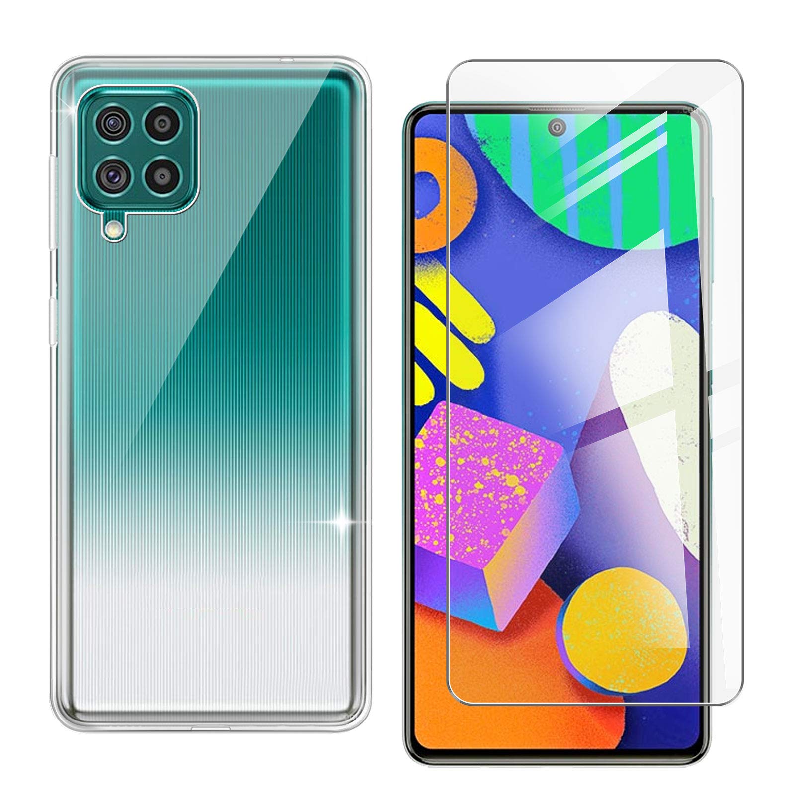 HHUAN Phone Case for Samsung Galaxy M62 (6.70 inch) with Tempered Glass Screen Protector, Clear Anti-Yellowing Soft Silicone TPU Back Shell, for Samsung Galaxy M62 Anti-Scratch Bumper Cover - Clear