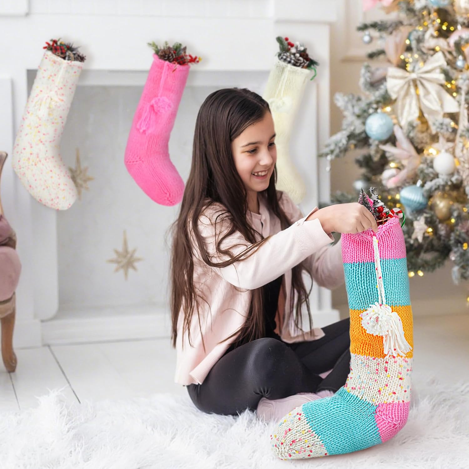 4 Pack Pastel Christmas Stockings with Tassels 18 Inches Large Hand Knitting Christmas Stockings Xmas Hanging Decorations Xmas Tree Mantel Fireplace Stairs - Image 7