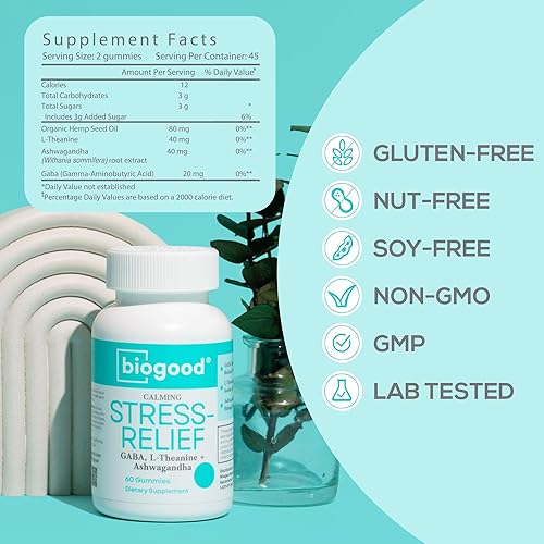 Miniatura 2 de Alivio del estrés con Ashwagandha + L-teanina, GABA  Dosis diaria sin OMG, sin gluten, sin nueces, sin soja, 60 gomitas