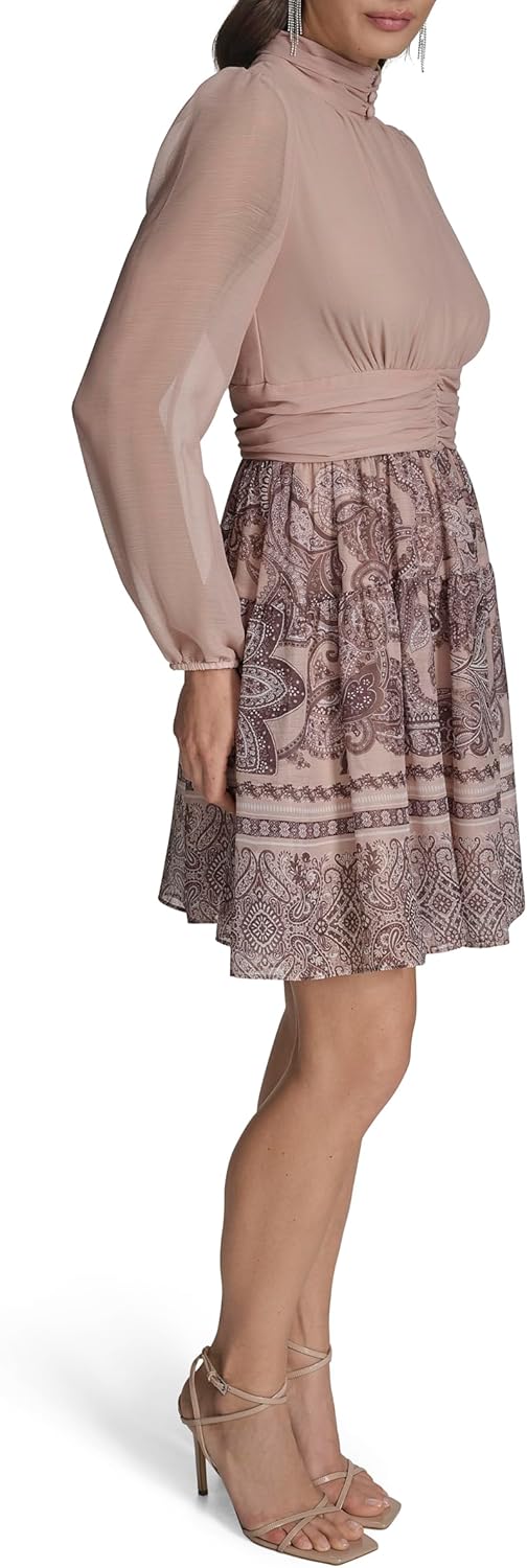 BCBG Womens Long Sleeve Mock Neck Blouson Chiffon A-line Mini Dress - Image 3