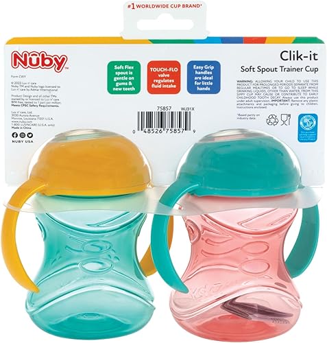 Miniatura 7 de Nuby Clik-It - Vaso para beber de entrenamiento sin derrames con asas, paquete de 2, 10 onzas, más de 4 meses, color aguamarinarojonaranja