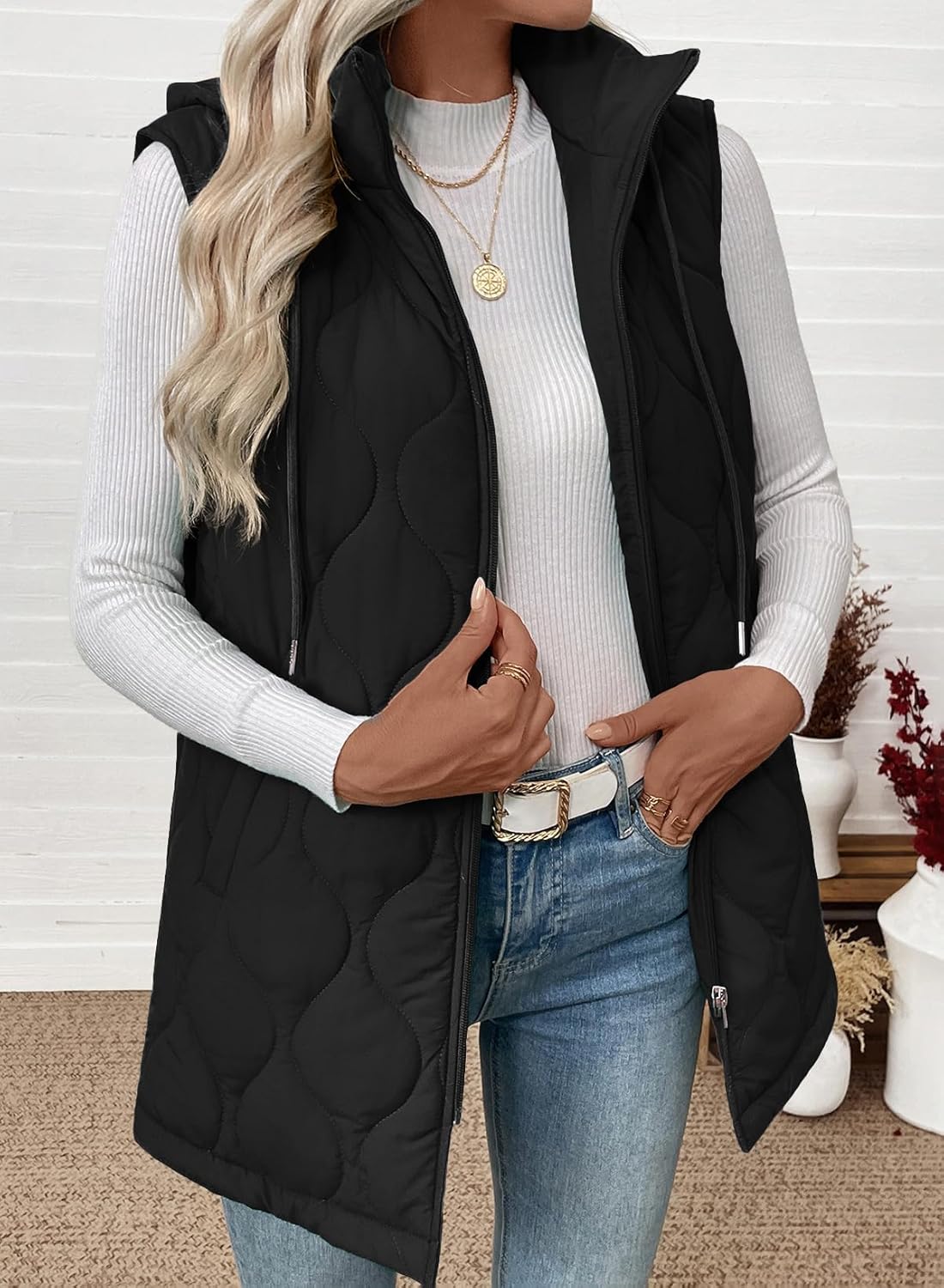 EVALESS Long Puffer Vest Women Sleeveless Hooded Puffer Jacket Lightweight Quilted Jackets Winter Warm Zip Up Coat Outerwear - Image 4