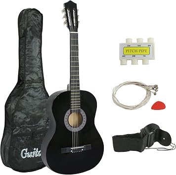 38" Acoustic Guitar Bundle Kit for Starter Beginner Music Lovers, 6-String Folk Guitar with Gig Bag, Extra Set Steel Strings, Strap, Pitch Pipe and Pick Black