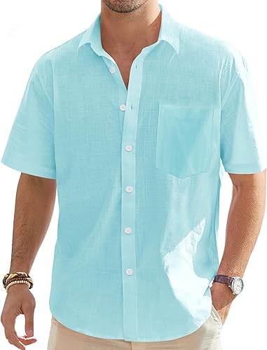 Miniatura 126 de J.VER Camisas de manga corta de lino y algodón para hombre, estilo informal, ligeras, con botones, para vacaciones, playa y verano, con bolsillo