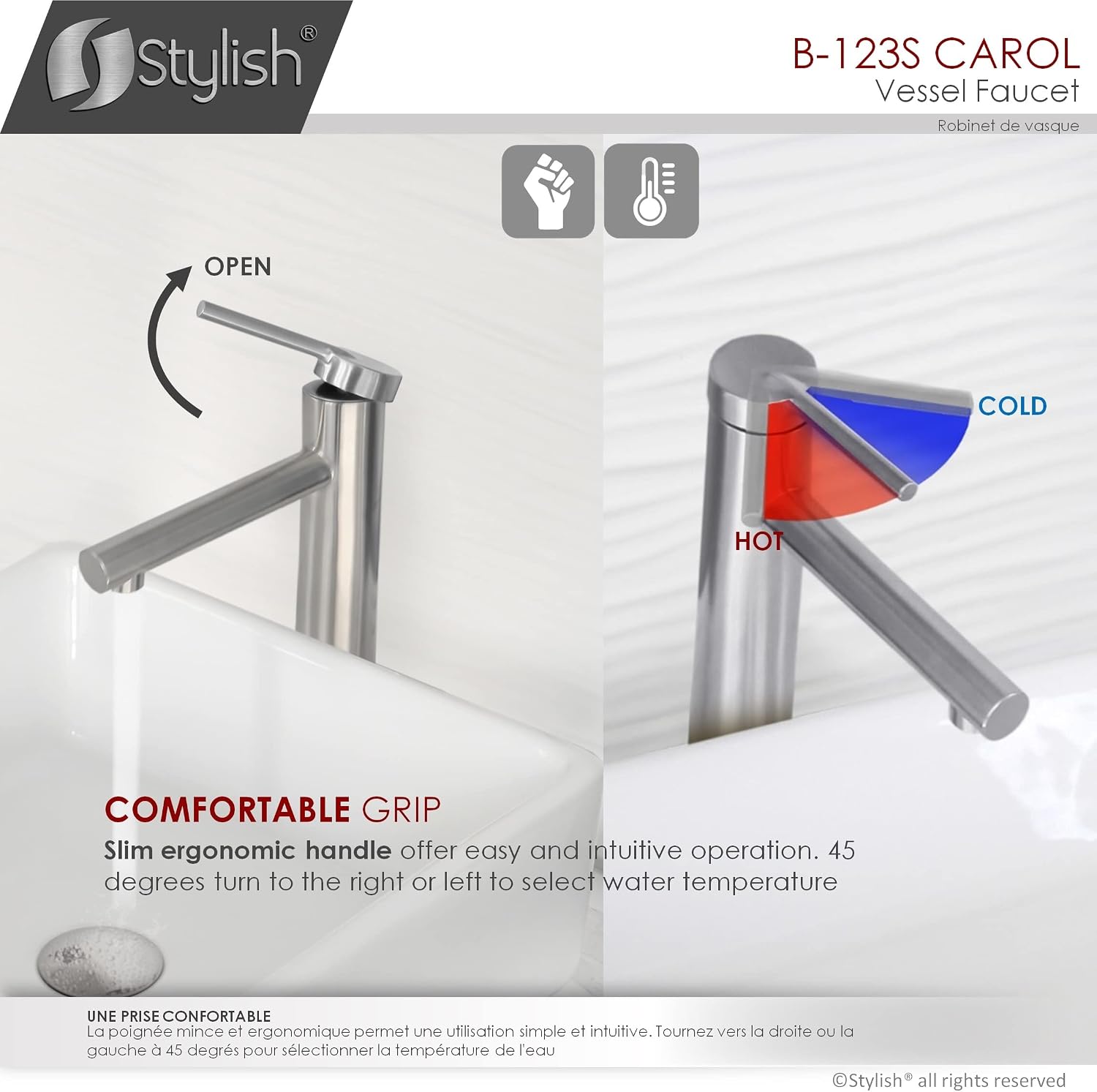 Stylish Single Handle Bathroom Faucet Solid Stainless Steel Construction 1 Hole Vessel Sink Faucet Brushed Stainless Steel Finish, B-123S