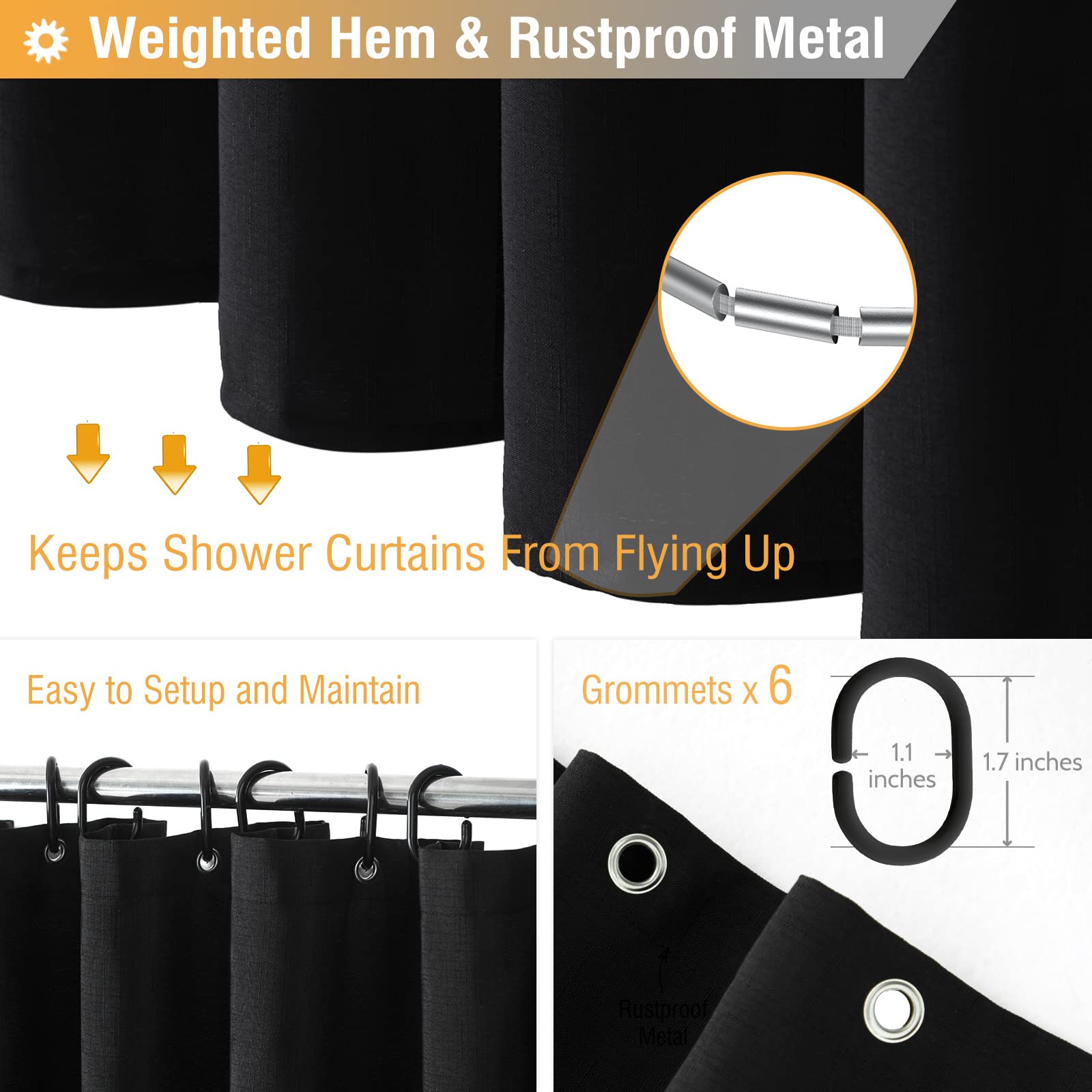 BTTN 92 x 182cm Black Linen Shower Curtain, Narrow Stall Mildew Resistant Fabric Shower Curtain Set including 6 Plastic Hooks - Image 3