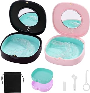 2 Pack Retainer Case with Vent Holes, stocking stuffers for gift women men ,Compatible with Invisalign,Night Guards,and Mouth Guards Case - Includes Storage Bag,Slim Aligner Remover Tool Black Pink