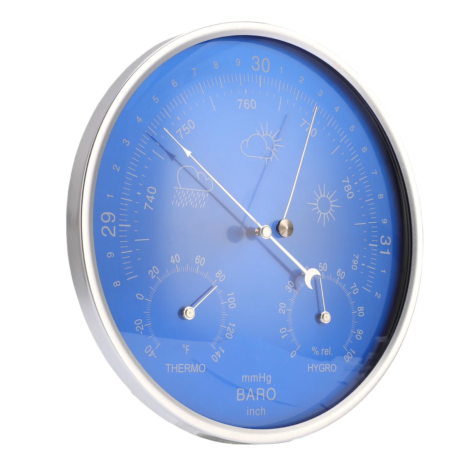 Station météo 3 en 1, Keenso Thermomètre baromètre hygromètre en Alliage d'aluminium, Cadran Bleu 180 mm, À Suspendre intérieur/extérieur, Idéal pour Maison, Jardin, Garage