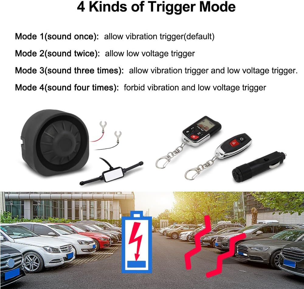 Image showing the siren and remote keys with text describing the '4 Kinds of Trigger Mode' and their functions.
