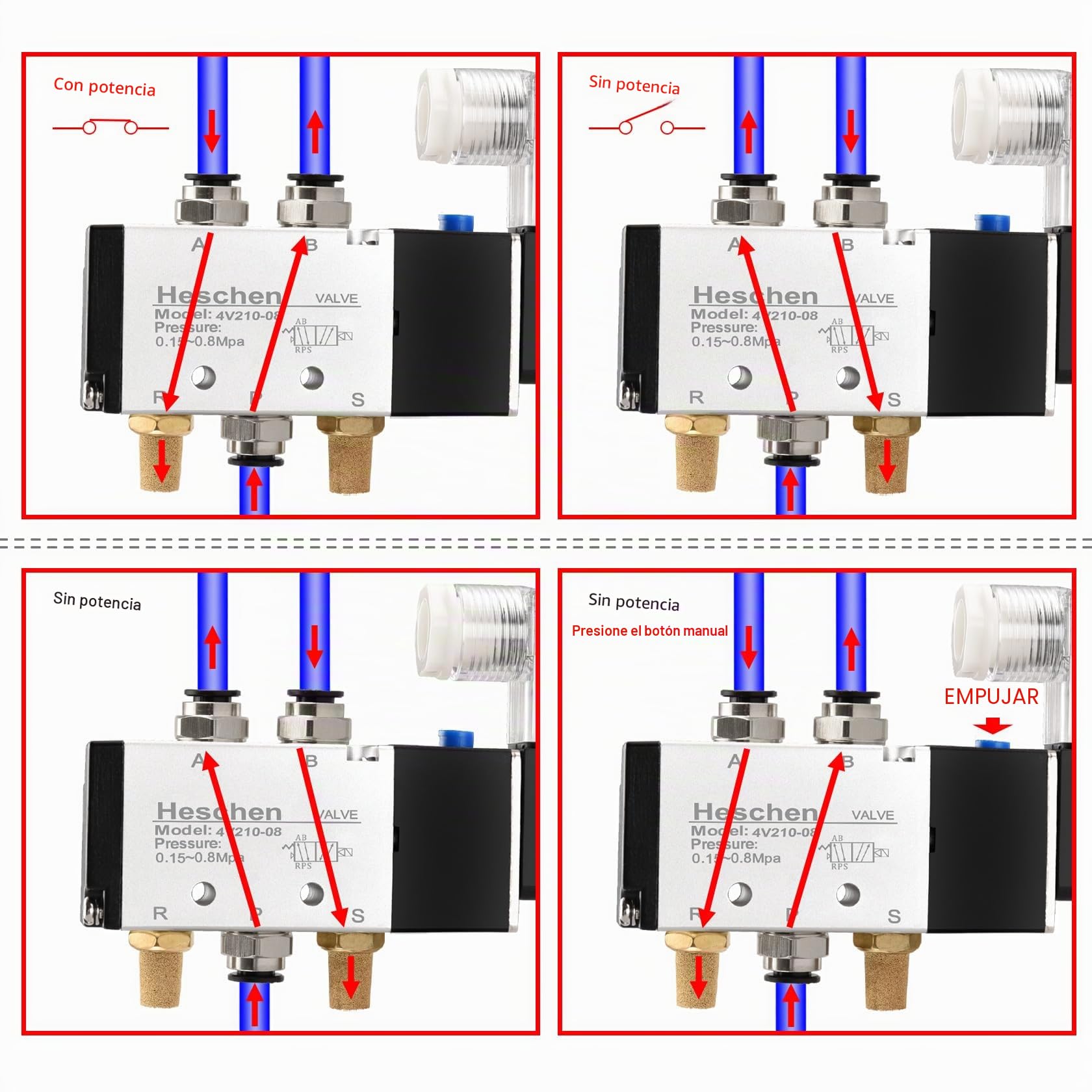 Heschen Válvula solenoide de colector de 10 espacios, 4V210-08, 24VDC, puerto PT1/4 '', posición 5 vías 2, con silenciador base conjunto de accesorios rápidos