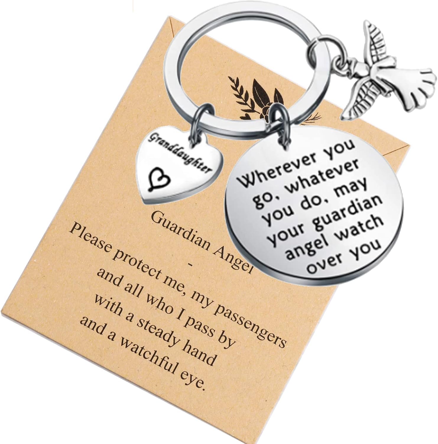 LQRI Granddaughter Drive Safely Guardian Angel Keychain Wherever You Go May Your Guardian Angel Watch Over You Sweet 16 Gifts