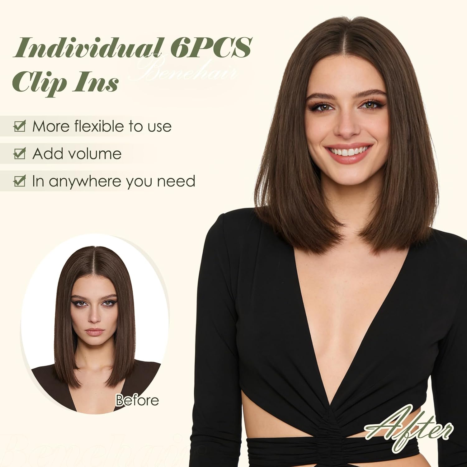 Benehair 6PCS 6 Clips In Human Hair Extensions Dark Brown Short Straight Mini Clip Ins Real Remy Clip On Hairpin Hairpiece For Women 14inch 36g #2R