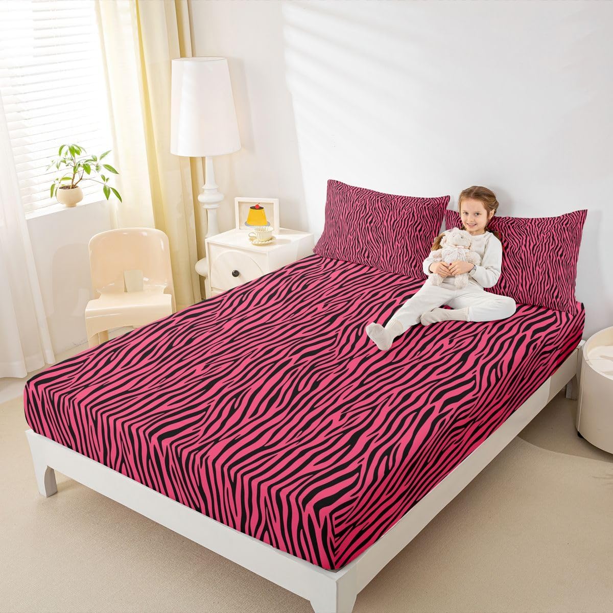 Girls Pink Black Sheet Sets Zebra Stripes Fitted Sheet Safari Animal Print Bedding Set for Boys Girls Kids Room Decor Zoo Animal Fur Print Bed Cover No Flat Sheet Full Size with 2 Pillow Case