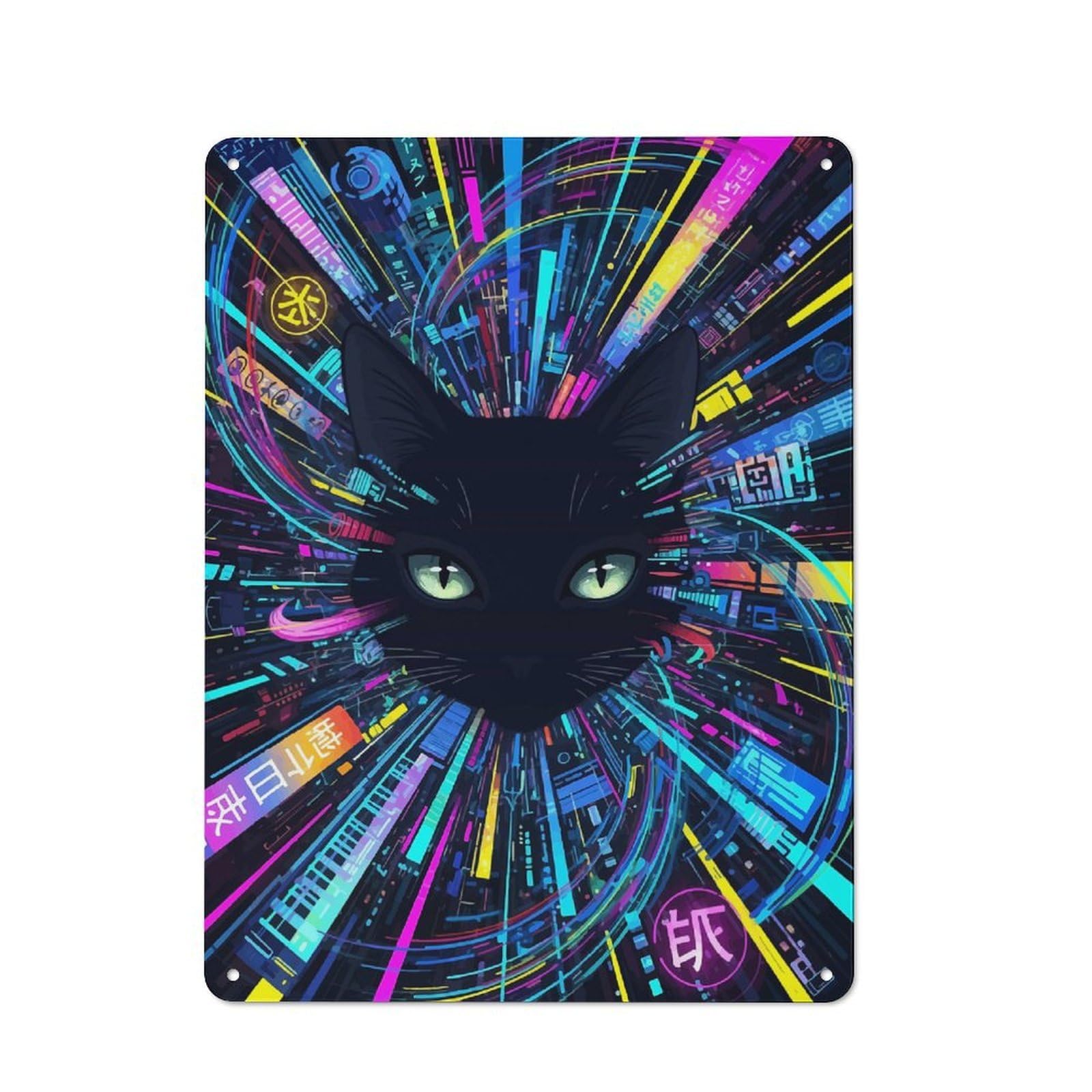 Junmoney Style-9 Cat With Neon Lights Retro Metal Plaque 40X30cm For Guest Room Or Hallway, Housewarming Present For People Styling Guest Room And Hallway