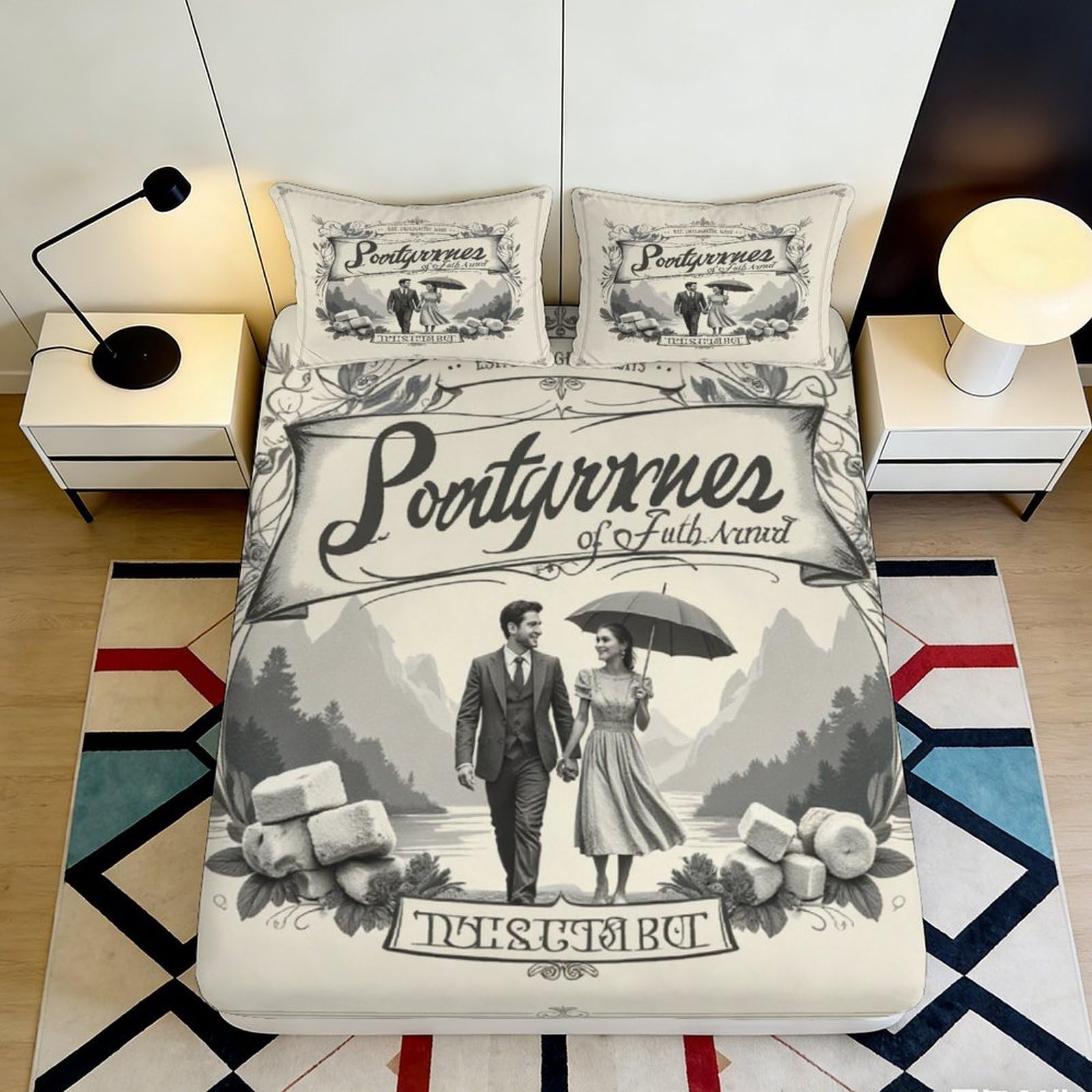 3D Printed Vintage Couple Fitted Sheet Microfiber Soft Breathable Retro Umbrella Bed Cover for Bedroom Guest Room Decor 90x200x25cm
