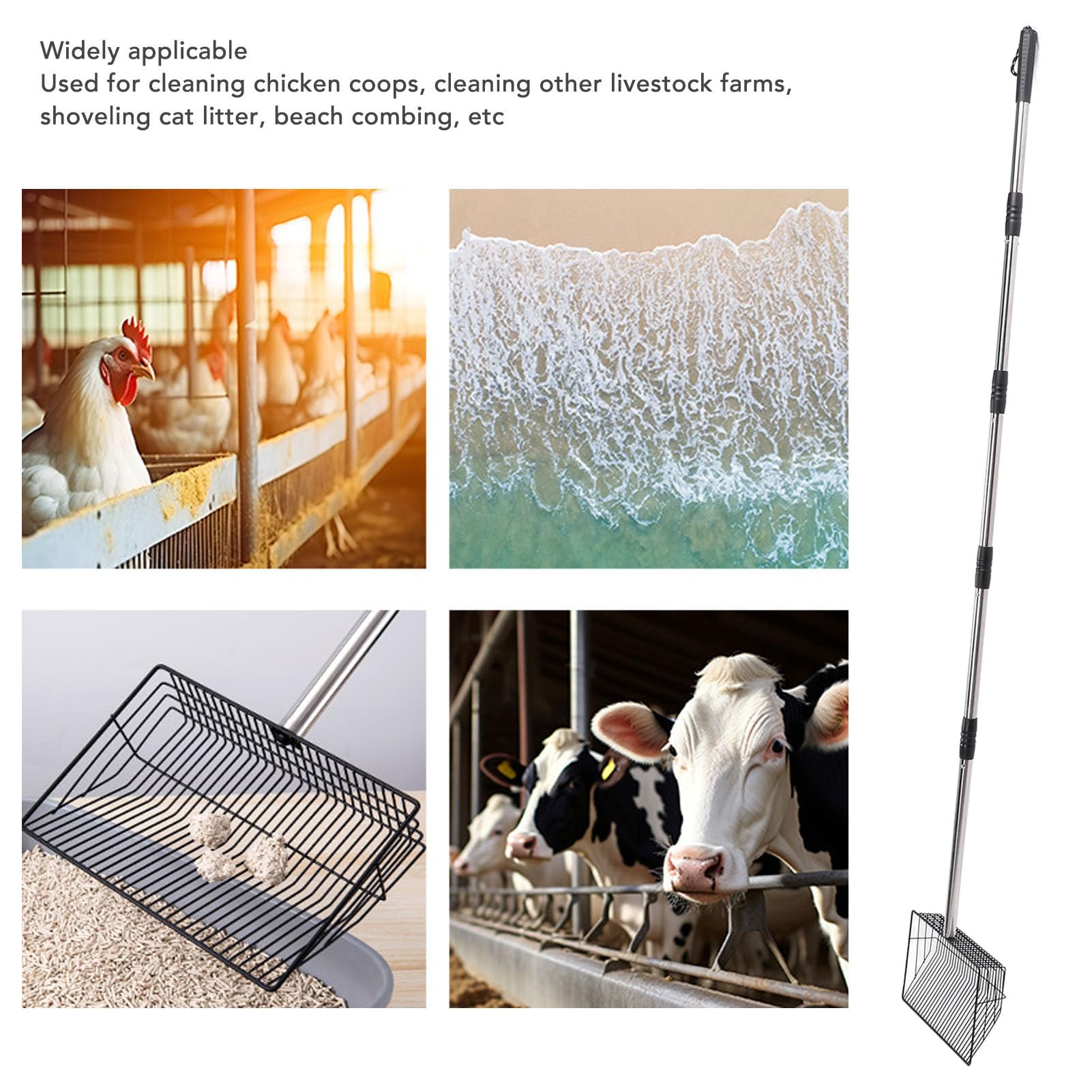 Cuchara grande de 9.8 pulgadas para excrementos de pollo con 5 asas extensibles, pala de arena para gatos, accesorios resistentes para gallineros, granja