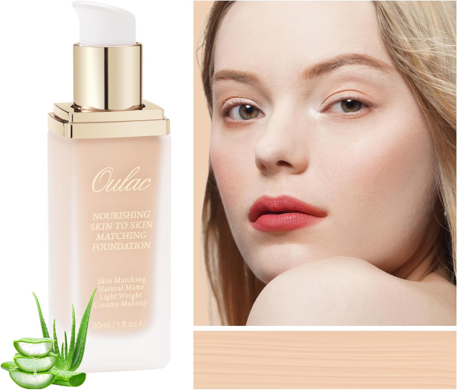 Oulac foundation make up, Skincare Infused with Aloe Leaf and Vitamin E, medium to high coverage liquid foundation, Ivory Foundation Vagan 30ml