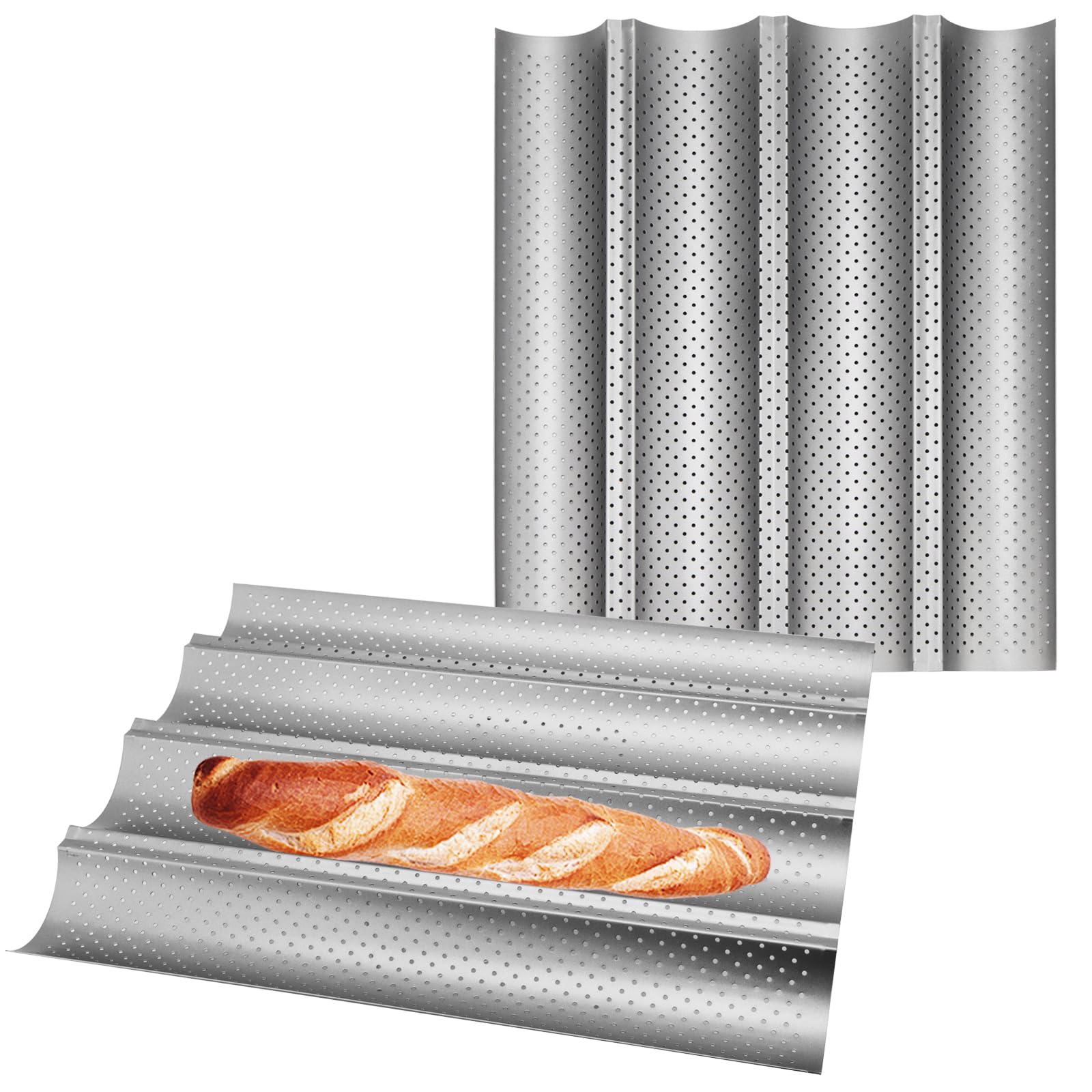 Lot de 2 Moule à Baguettes pour Four - Plaque à Pain Perforée Anti-Adhésif - 38 x 33 x 2,4 cm - Pour Baguettes, Pain Français, Pâtisserie