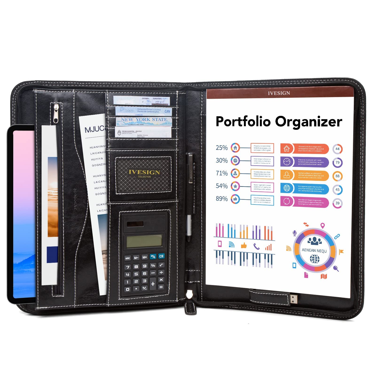 IVESIGN Portfolio Folder with PU Leather, Handy Padfolio Organizer with Calculator and Writing Pad, Spacious and Pratcial Briefcase for Business Office and Daily Use(Black)