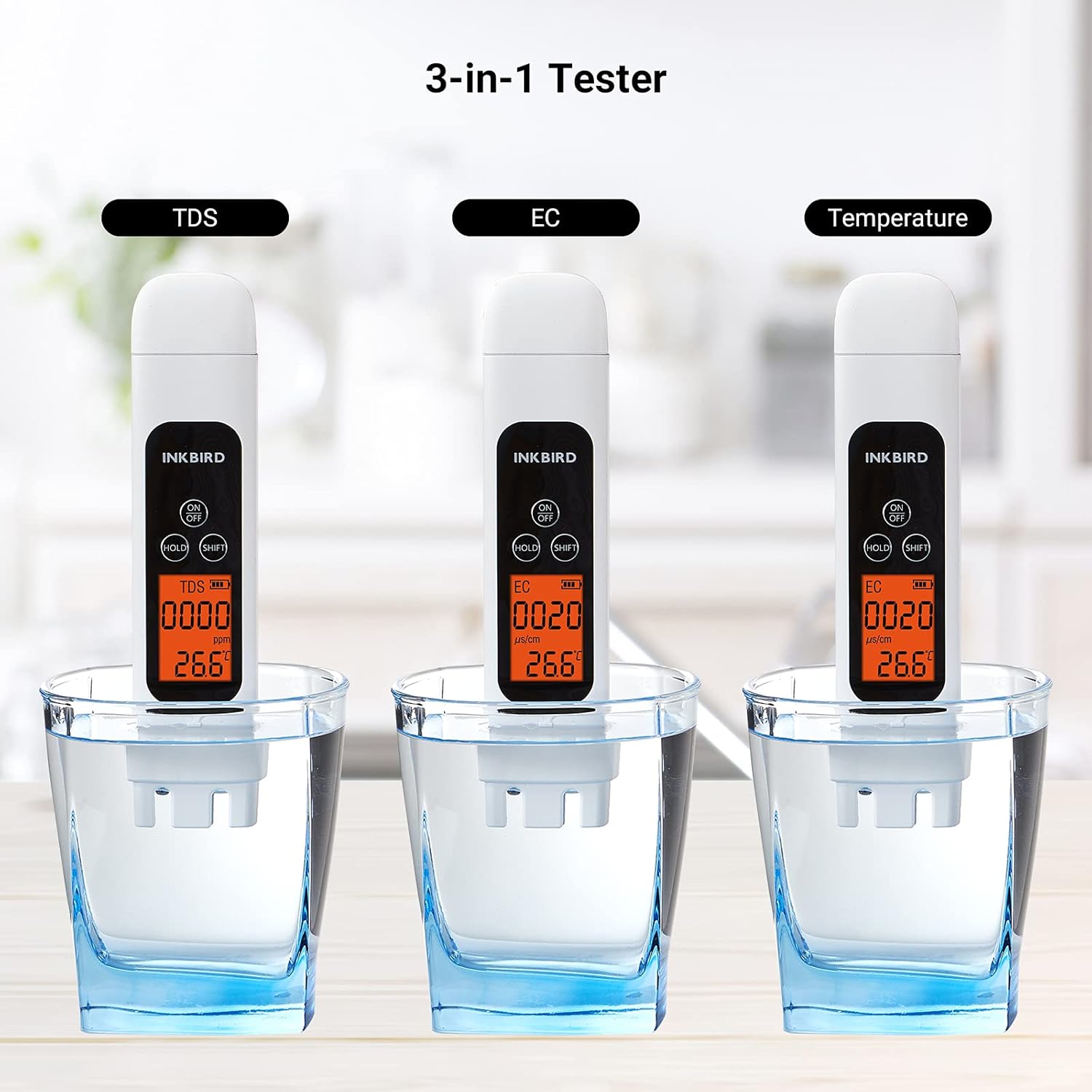 Three Inkbird ITDS-01 testers showing TDS, EC, and Temperature readings in separate glasses of water.