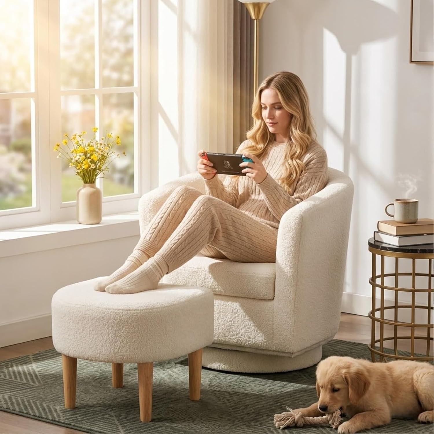 DAZONE White Swivel Accent Chair with Ottoman, Modern Barrel Living Room Chair with 360° Swivel Base, Upholstered Armchair for Bedroom, Reading, Small Spaces