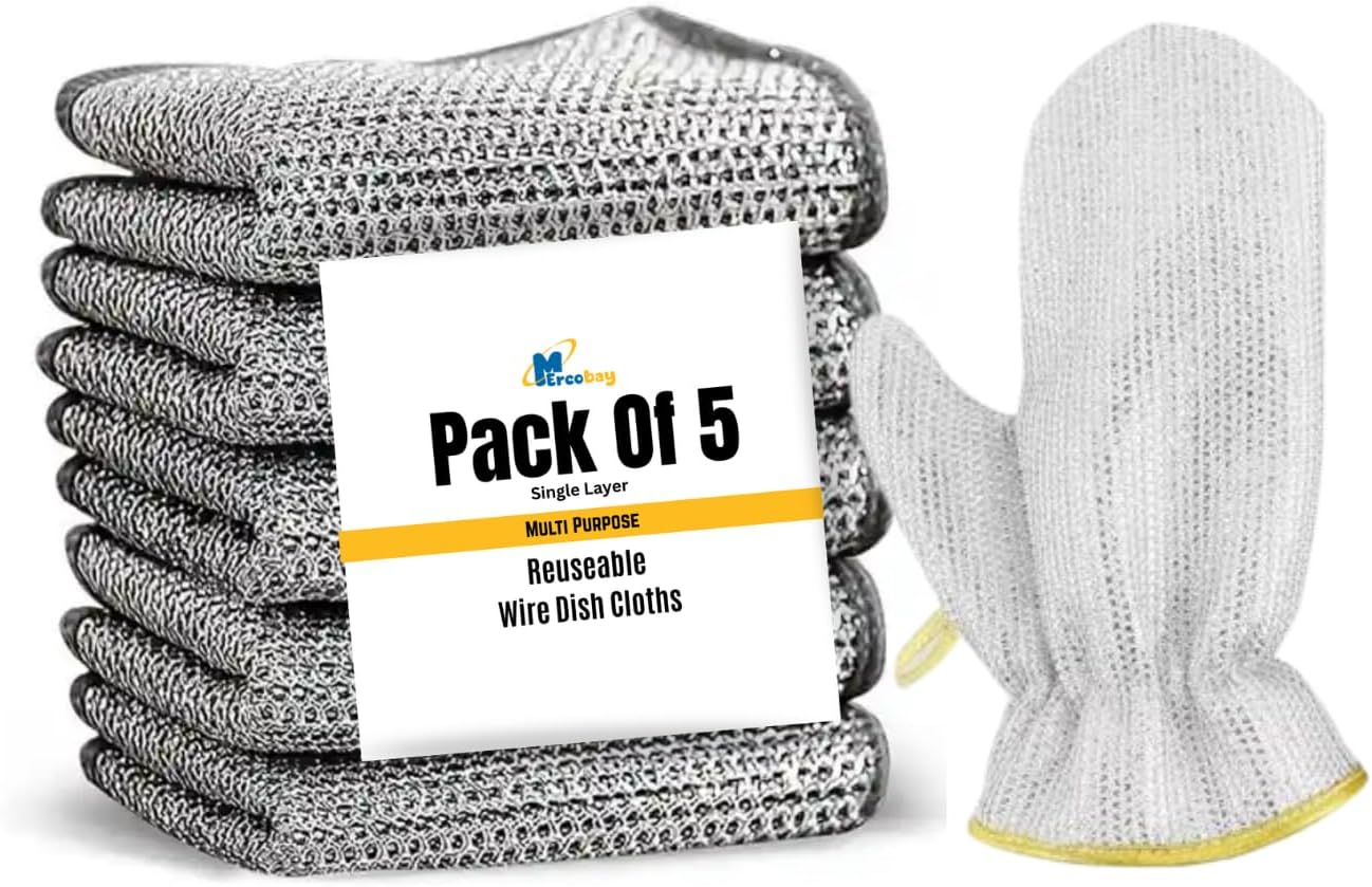 Mercobay Multipurpose Wire Dishwashing Rags 05pcs Pack with Glove | Non Scratch Wire Dishcloths, Steel Wool Cleaning Cloth, Multipurpose Kitchen Scrubber for Dishes