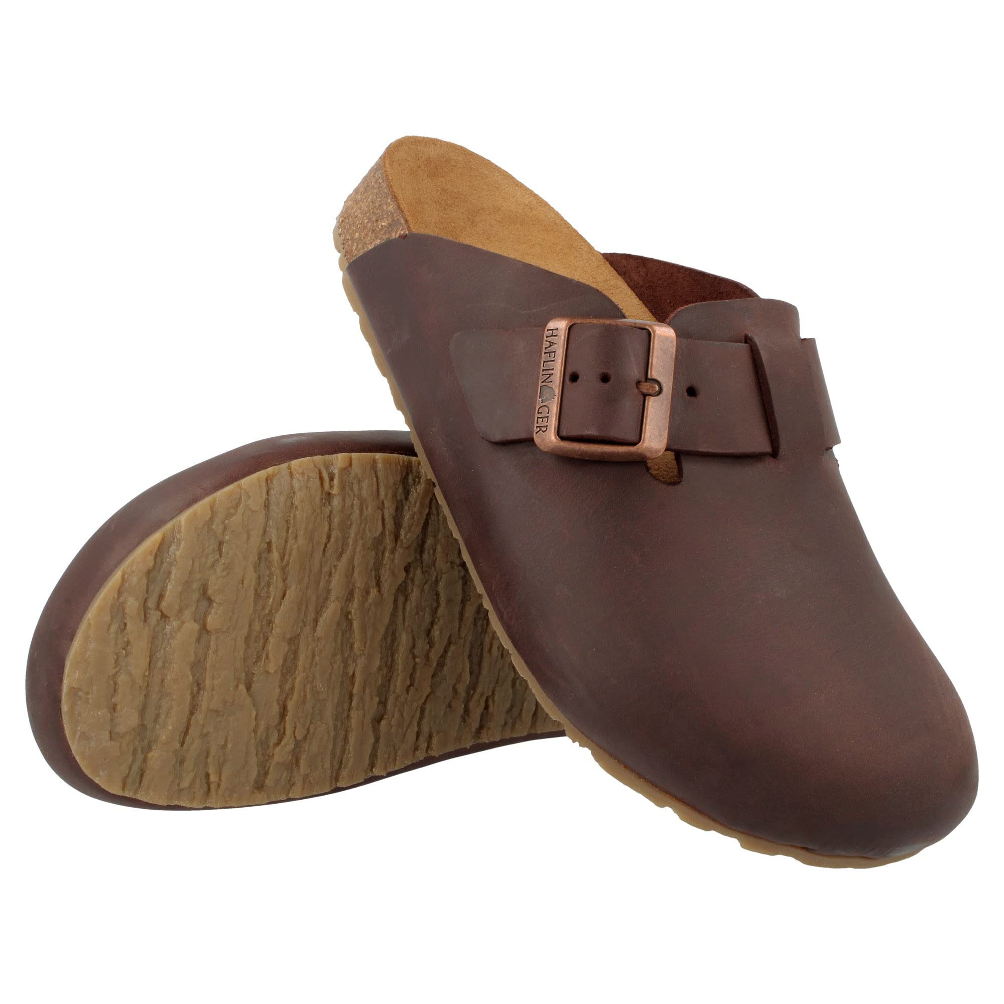 HAFLINGER Porto Eleganter Clog aus Leder Gummisohle und Kork Latex Fußbett Hausschuh Unisex