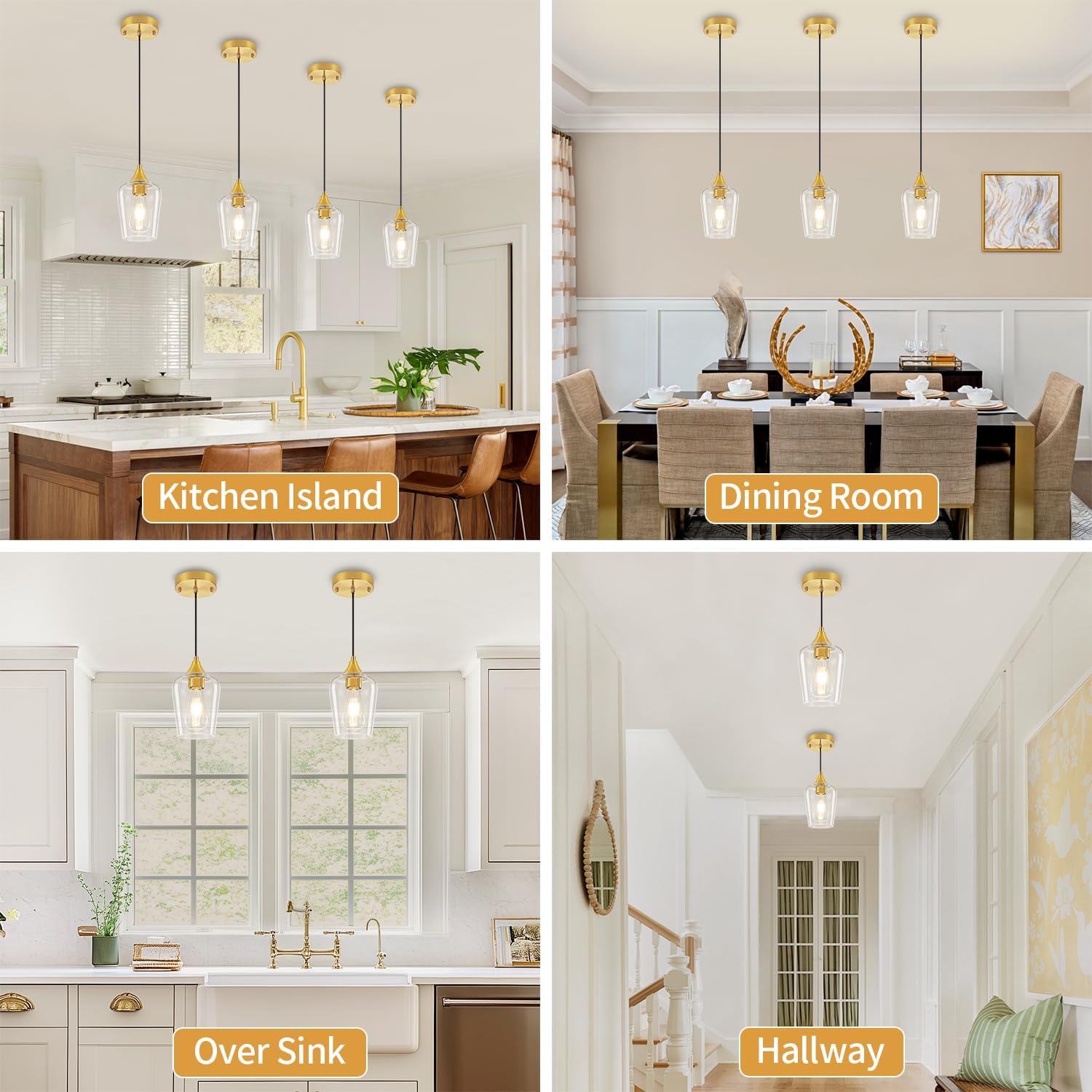 2 Pack Brushed Gold Pendant Lights Kitchen Island, Glass Pendant Lighting Over Island Modern Kitchen Hanging Light Fixtures Adjustable Pendant Lights for Dining Room Bathroom Bedroom Hallway Foyer