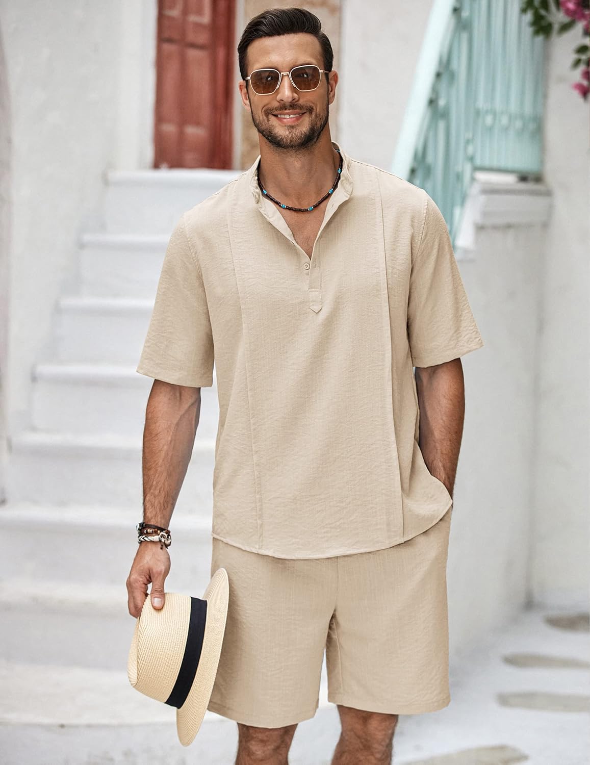 COOFANDY Men's 2 Pieces Linen Set Henley Shirt Short Sleeve and Shorts Summer Beach Yoga Matching Outfits - Image 8