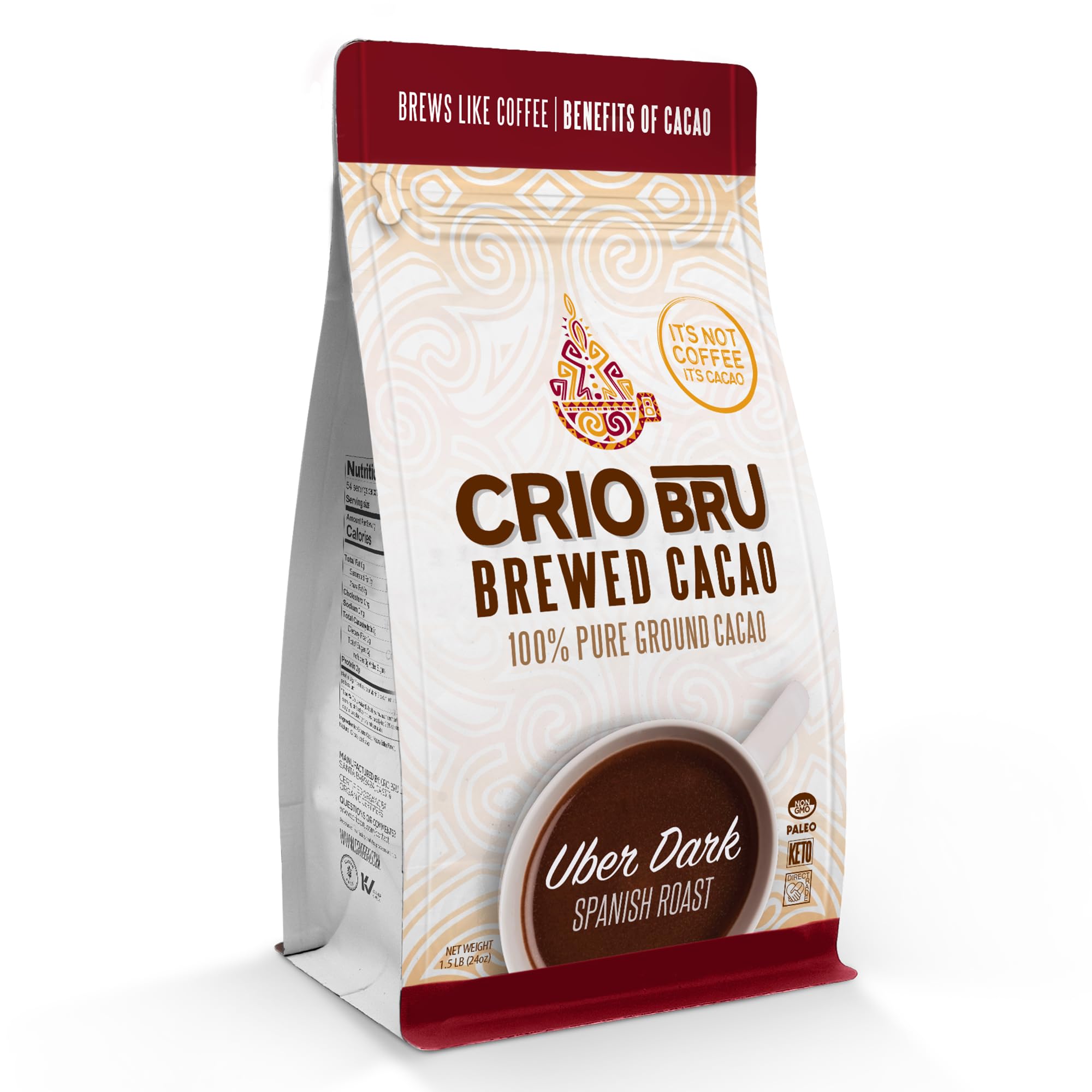 Crio Bru Brewed Cacao Uber Dark Spanish Roast Coffee Alternative 100 Percent Pure Cacao Beans 99 Caffeine Free 24 Ounce Non Organic