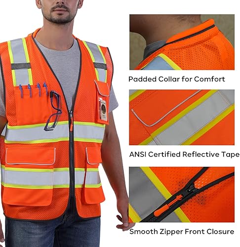 Miniatura 4 de Chaleco de seguridad reflectante de malla naranja, chaleco de alta visibilidad con bolsillos y cremallera, cuello acolchado, chaleco de trabajo de