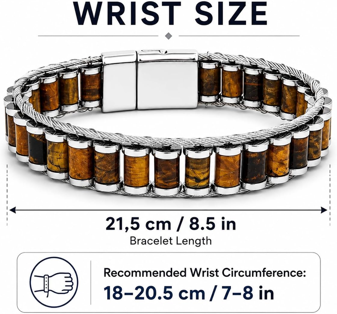 Perlavita Bracelet for Men, Natural Gemstone Mens Bracelet, Braided Cable Link Style Wristband, Handmade Jewelry Gift for Him