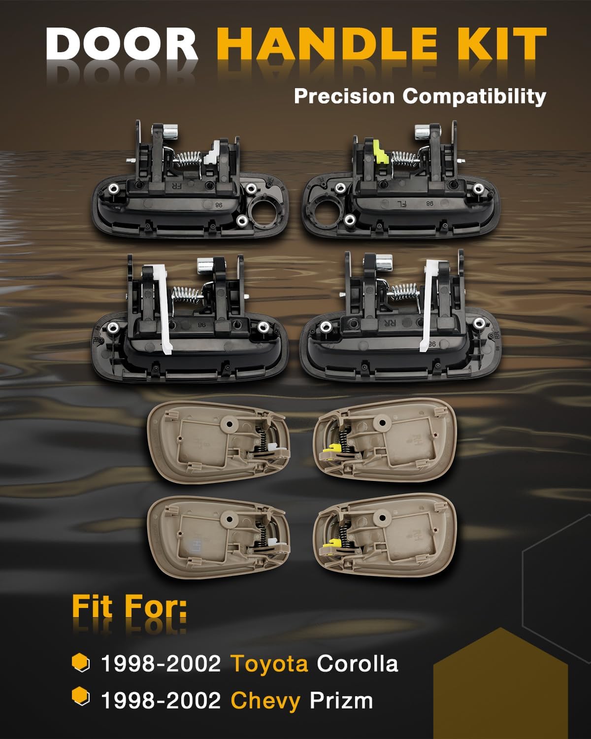 Door Handle Kit, w/ Lock Cylinders & Keys, Compatible with 1998-2002 Toyota Corolla & Chevy Prizm, Interior & Exterior Front & Rear Left Driver & Right Passenger Side, OE# 77563, 80423, 79501, DL166