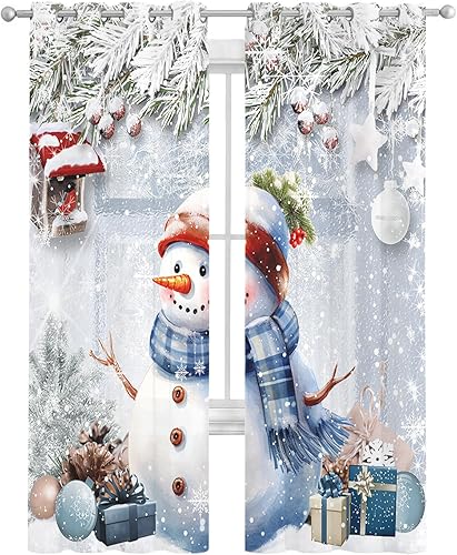 Cortinas traslúcidas de invierno con diseño de muñeco de nieve de 63 pulgadas de largo, juego de 2 paneles de cortinas para cocina, dormitorio, sala