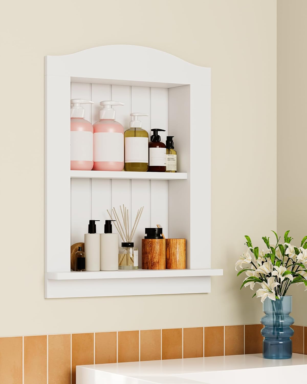 Recessed Wall Niche, 2-Tier Recessed Medicine Cabinet, Bathroom Cabinet Wall Mount, Bamboo Medicine Organizer, Wall Storage Cabinet, for Bathroom, Living Room, Kitchen, White