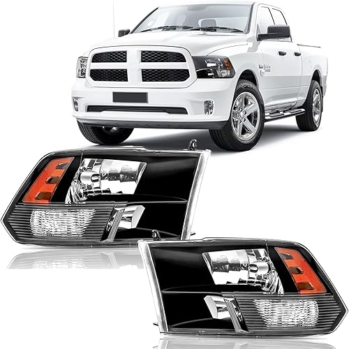 Conjunto de faros delanteros para Dodge Ram 1500 2009-2018, Ram 2500 3500 2010-2018, lado del conductor y del pasajero, carcasa negra, esquina ámbar