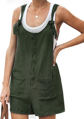 Womens Cotton Linen Overall Shorts Summer Beach Vacation Casual Sleeveless Rompers Adjustable Tie Straps Pockets