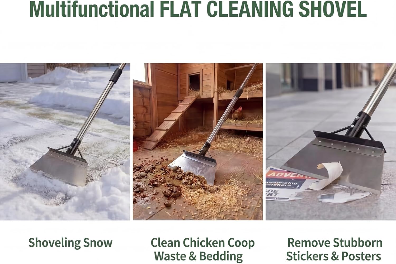 Garden Flat Shovel,Metal Floor Scraper with 60" Adjustable Long Handle,Multifunctional Cleaning Shovel,Stainless Steel Weeding Scraper for Scraping,Lawn Edging,Sidewalk,Snow Ice Removal,Outdoor