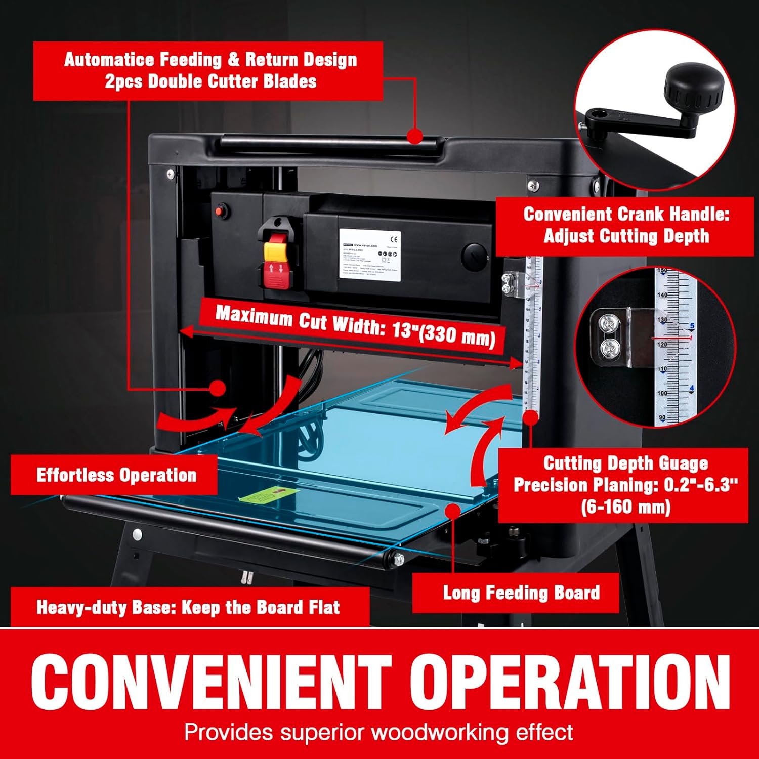 Happybuy 13-Inch Benchtop Thickness Planer, 2000W, 8000 RPM, 15 AMP, Foldable Iron Stand, Dust Exhaust, 6m/min Planing Speed, Perfect for Woodworking and Shaping Wooden Planks