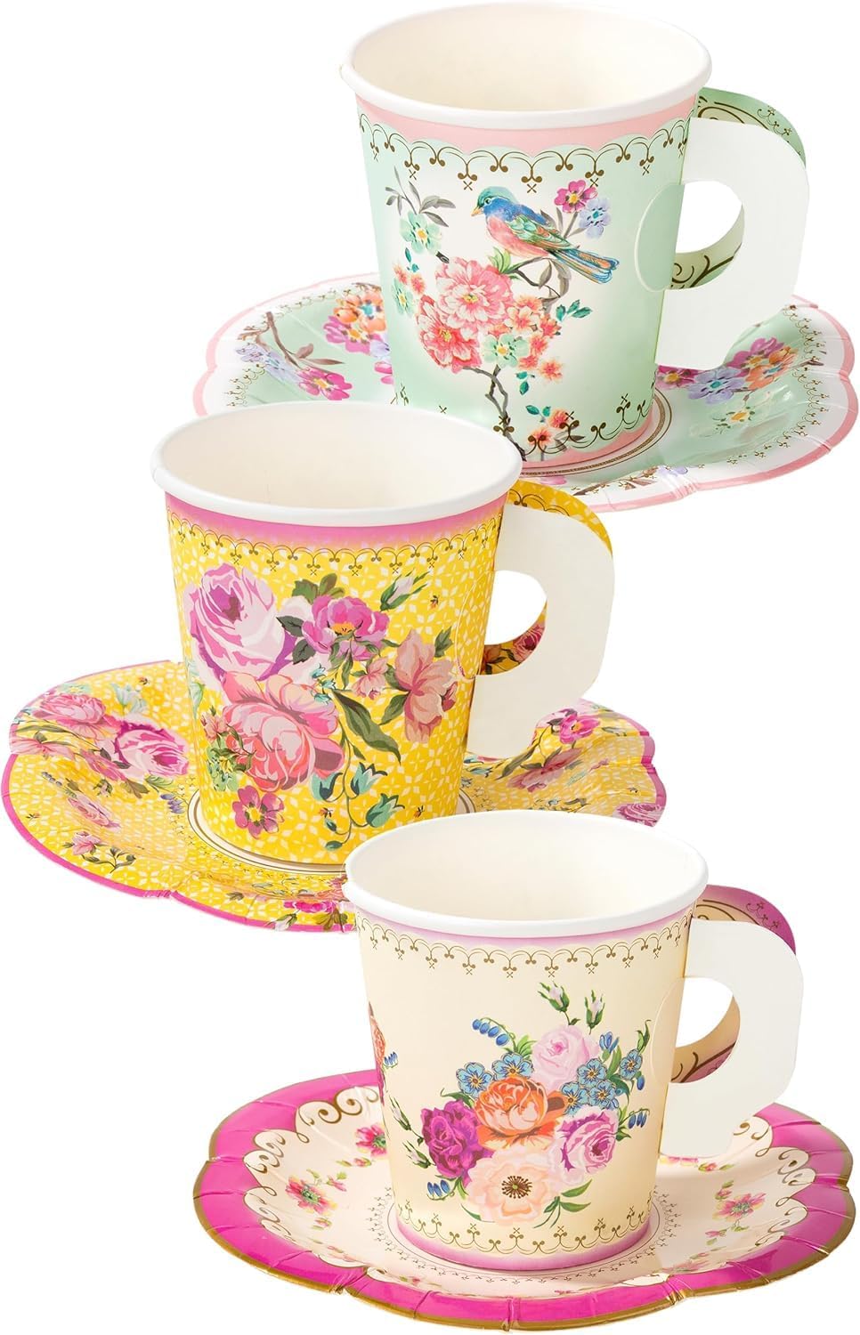 Talking Tables 72 x Pretty Disposable Floral Tea Cups and Saucer Set, Truly Scrumptious Table Decorations Afternoon Tea Party Supplies For Mother’s Day Wedding, Birthday, Baby Shower Height 3"