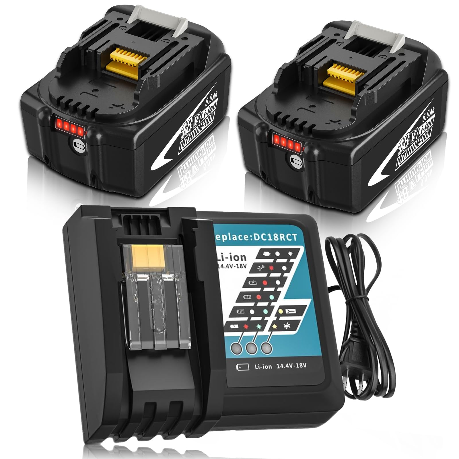 2 Packs BL1860B 6.0Ah Replacement Battery and Charger Compatible with Makita 18V Lithium Battery BL1860B-2 BL1860 BL1850 BL1840 BL1830 LXT-400 and DC18RC Charger for Makita 14.4V-18V Battery（whirte）