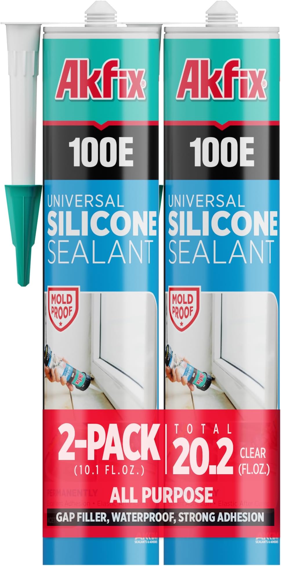 Akfix 100E RTV Clear Silicone Caulk (2x10.1 fl.oz.) - 100% Silicone Sealant Waterproof for Kitchen and Bathroom, Shower, Toilet, Sink, Window and Door, No Discoloring | Clear, 2 Pack