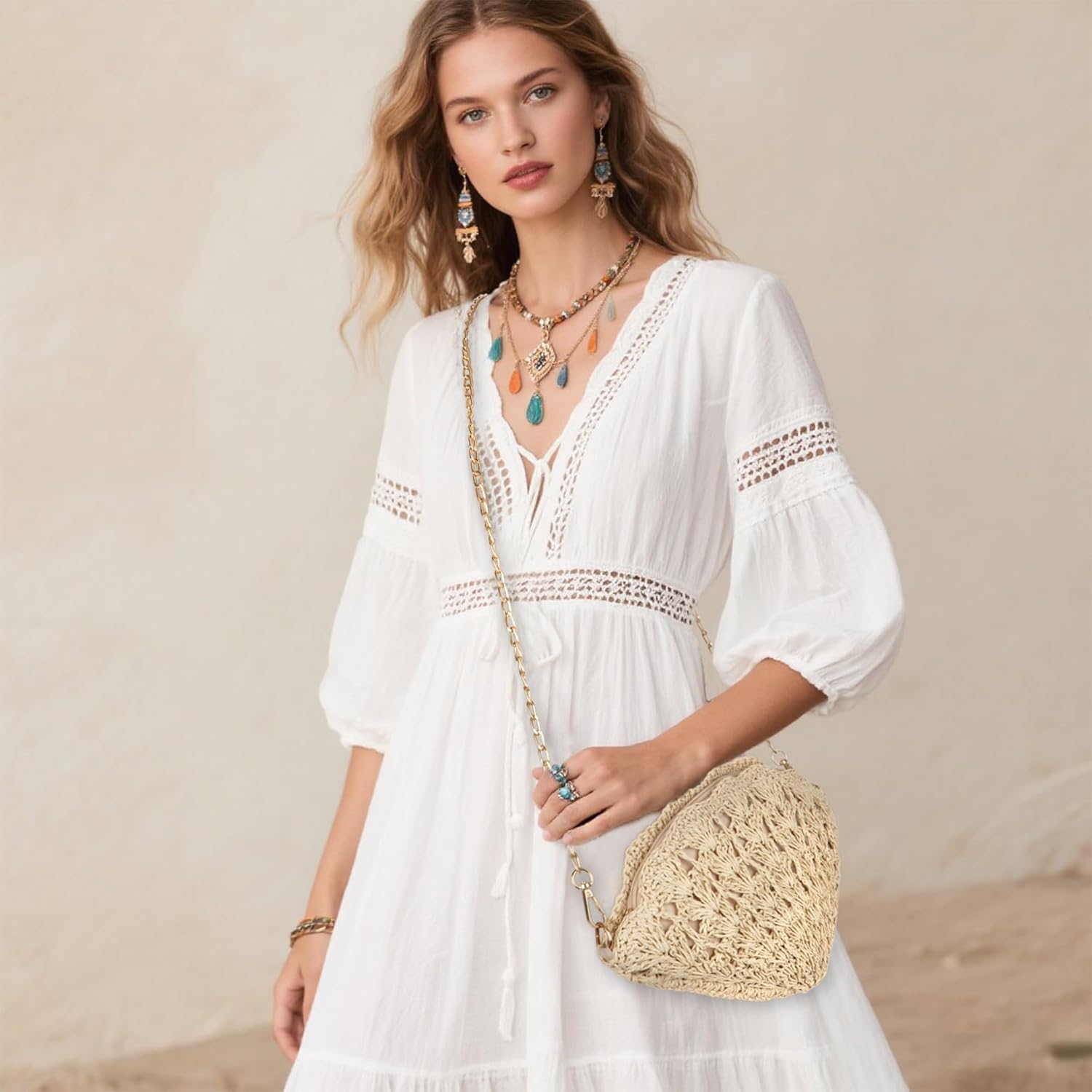 Minache Women Small Shell Straw Woven Crossbody Shoulder Bag Coin Purse Wallet - Image 2