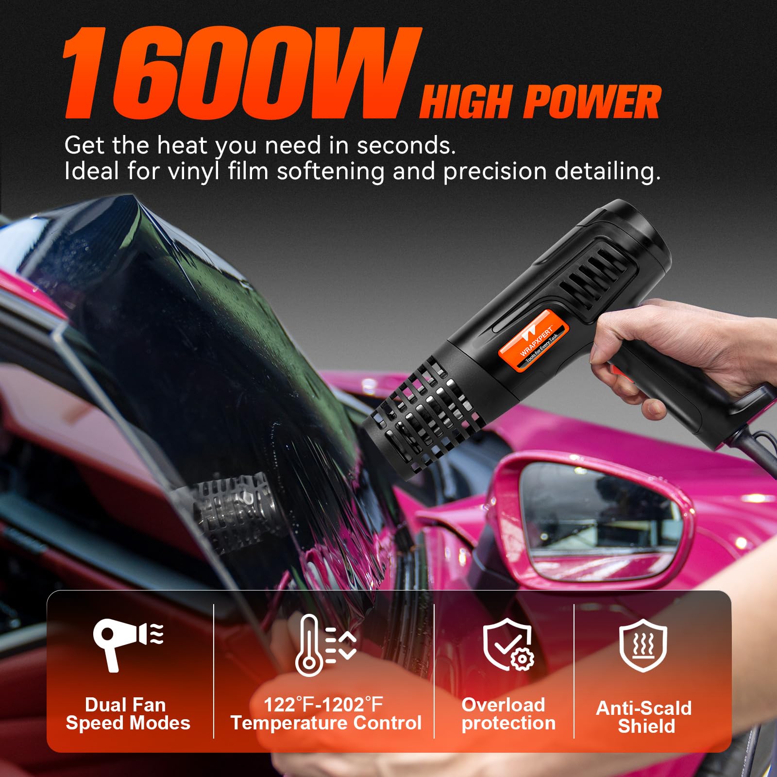 WRAPXPERT Pistola de calor para envoltura de vinilo de 1600 W, 50.0 °C a 650.0 °C con 2 velocidades de aire de temperatura variable, calentamiento rápido, pistola de aire caliente resistente para