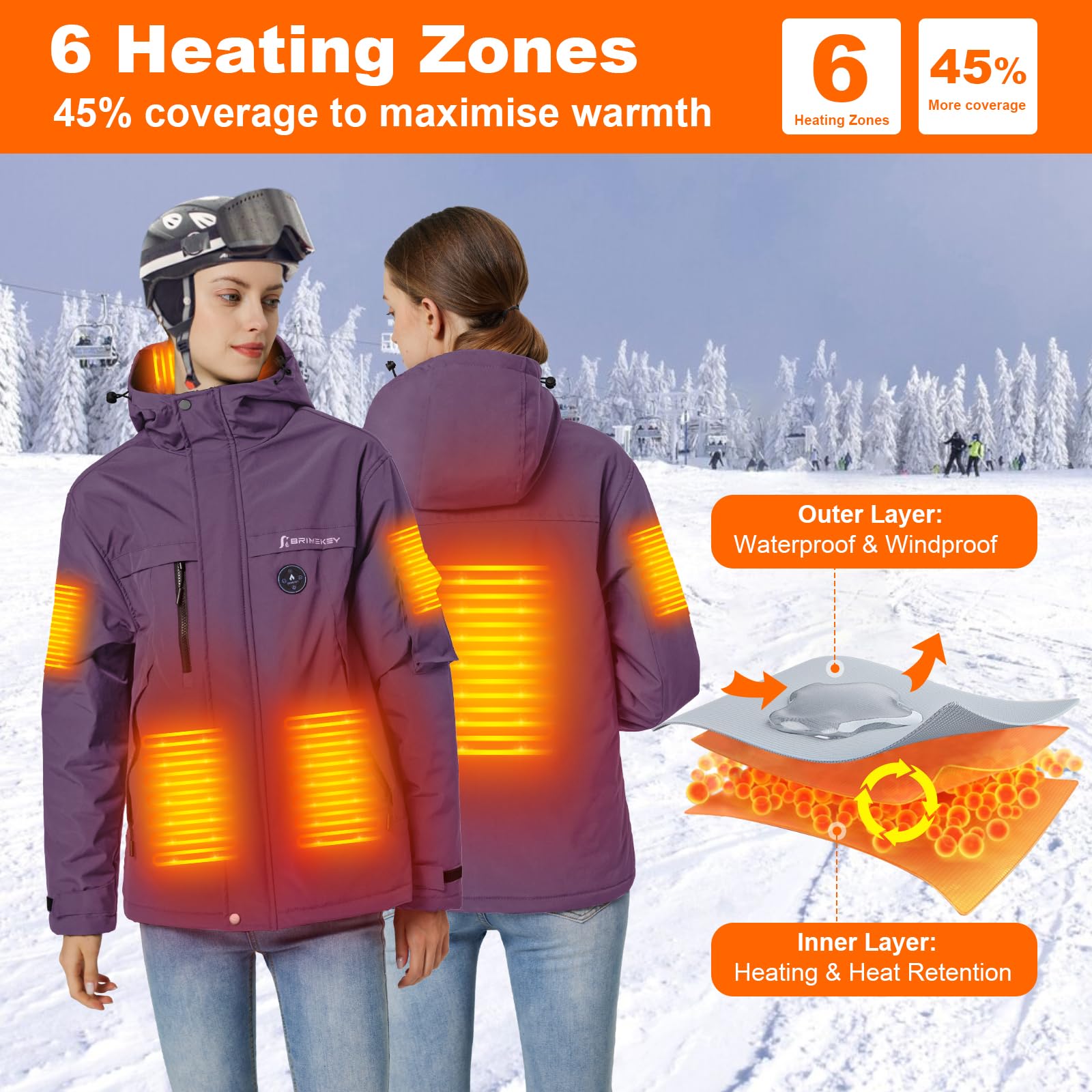 Giacca Riscaldata Donna con Cappuccio, Giubbotto Pile da Sci Riscaldato Invernale Impermeabile & Antivento con 12000mAh Batteria, 3 Livelli di Riscaldamento, 6 Zone di Riscaldamento Caldo Cappotti