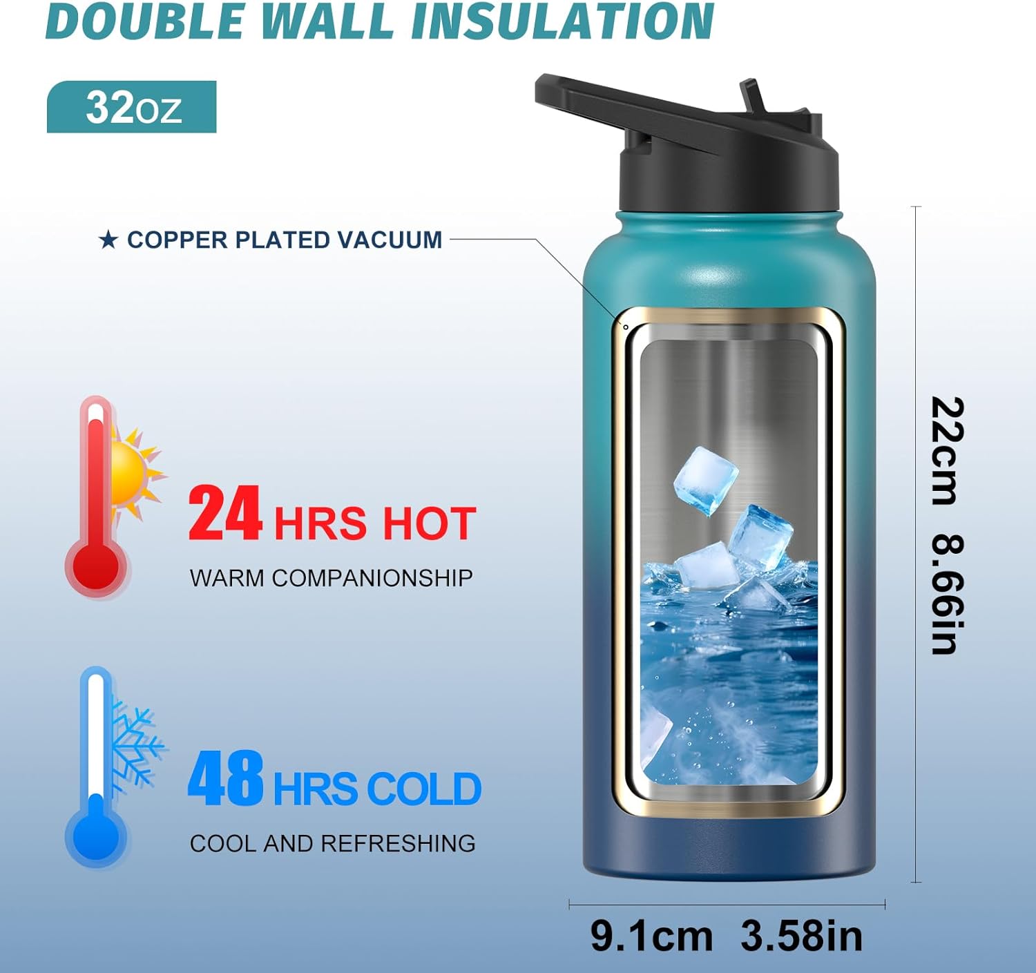 32oz Insulated Water Bottle (Cold for 48 Hrs),BPA Free&Leak Proof,Stainless Steel Water Flask,Water Jug with Straw Spout Lids for Gym,Hiking,Travel,Black Blue - Image 2